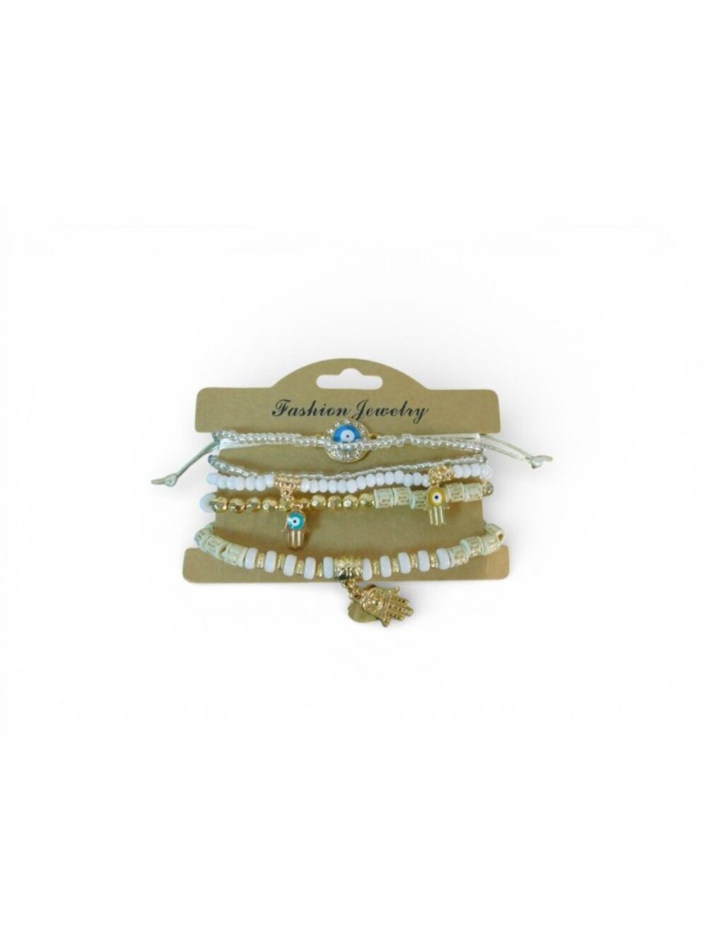 Evil Eye Beaded Bracelet Set With Hamsa Charms & Adjustable Cord - White & Gold - Picture 3 of 8